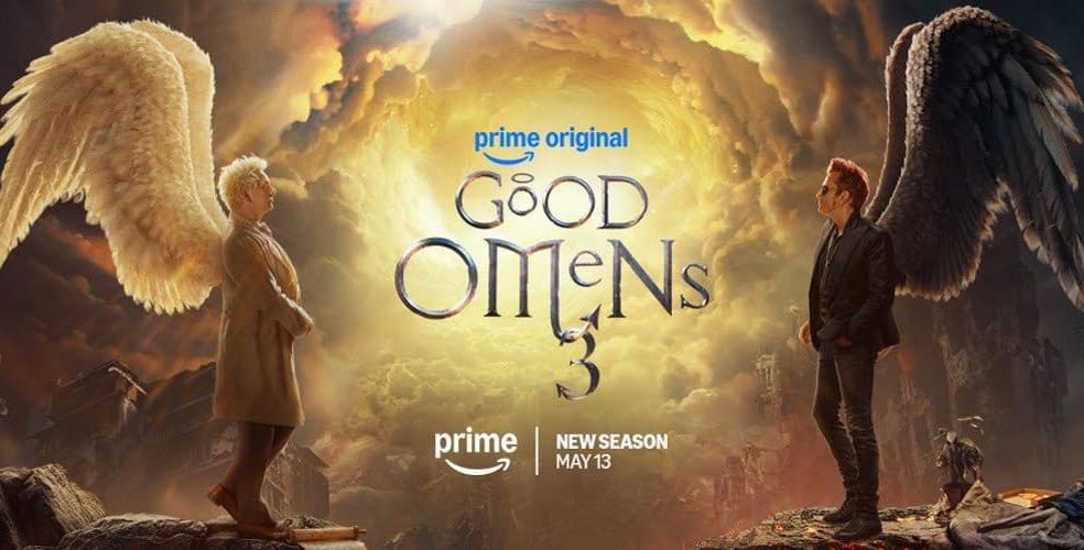 Poster image of angel and demon looking at each other for the tv series Good Omens 3